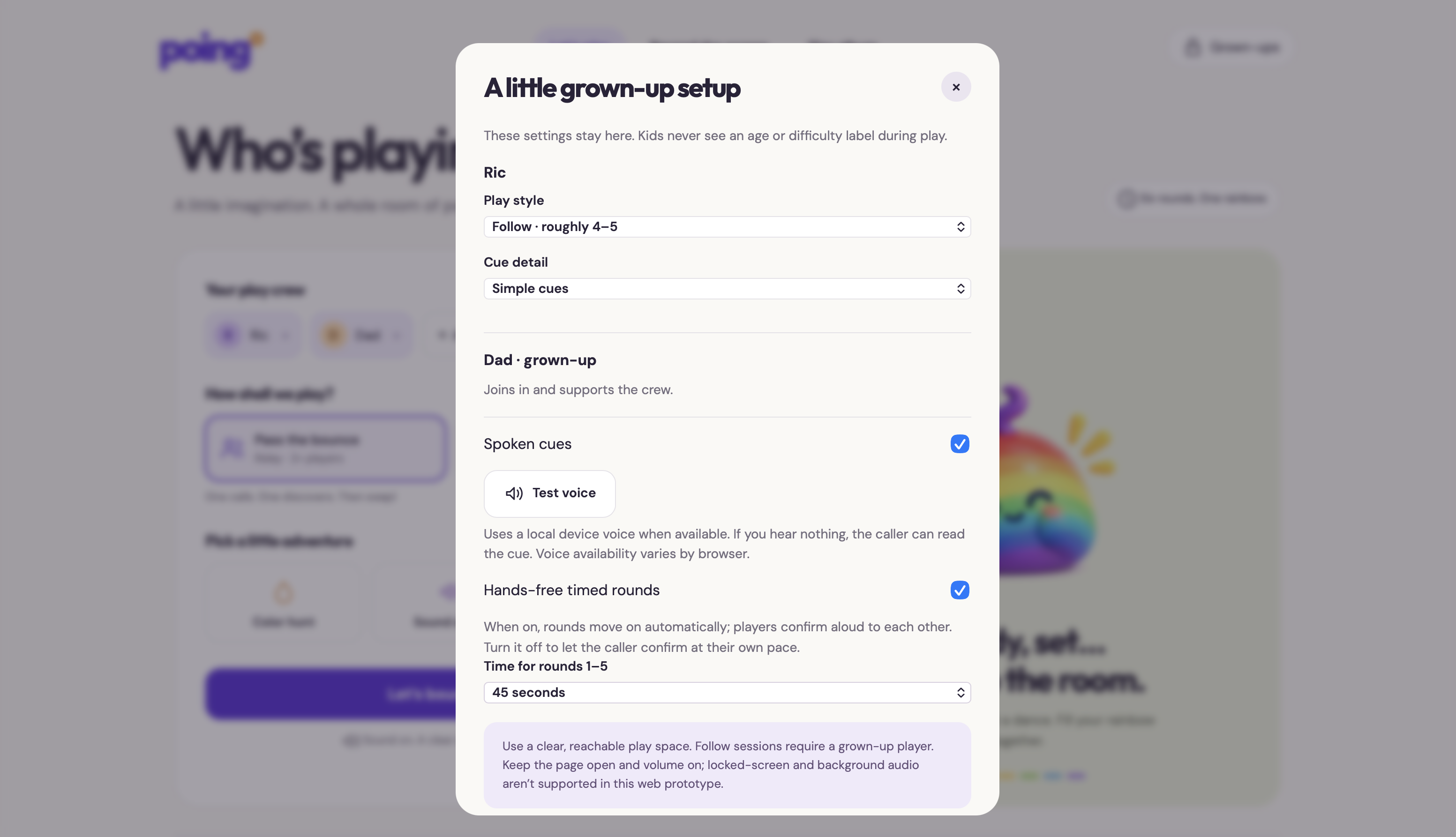 Poing grown-up settings for individual play styles, cue detail, voice, and hands-free timing.