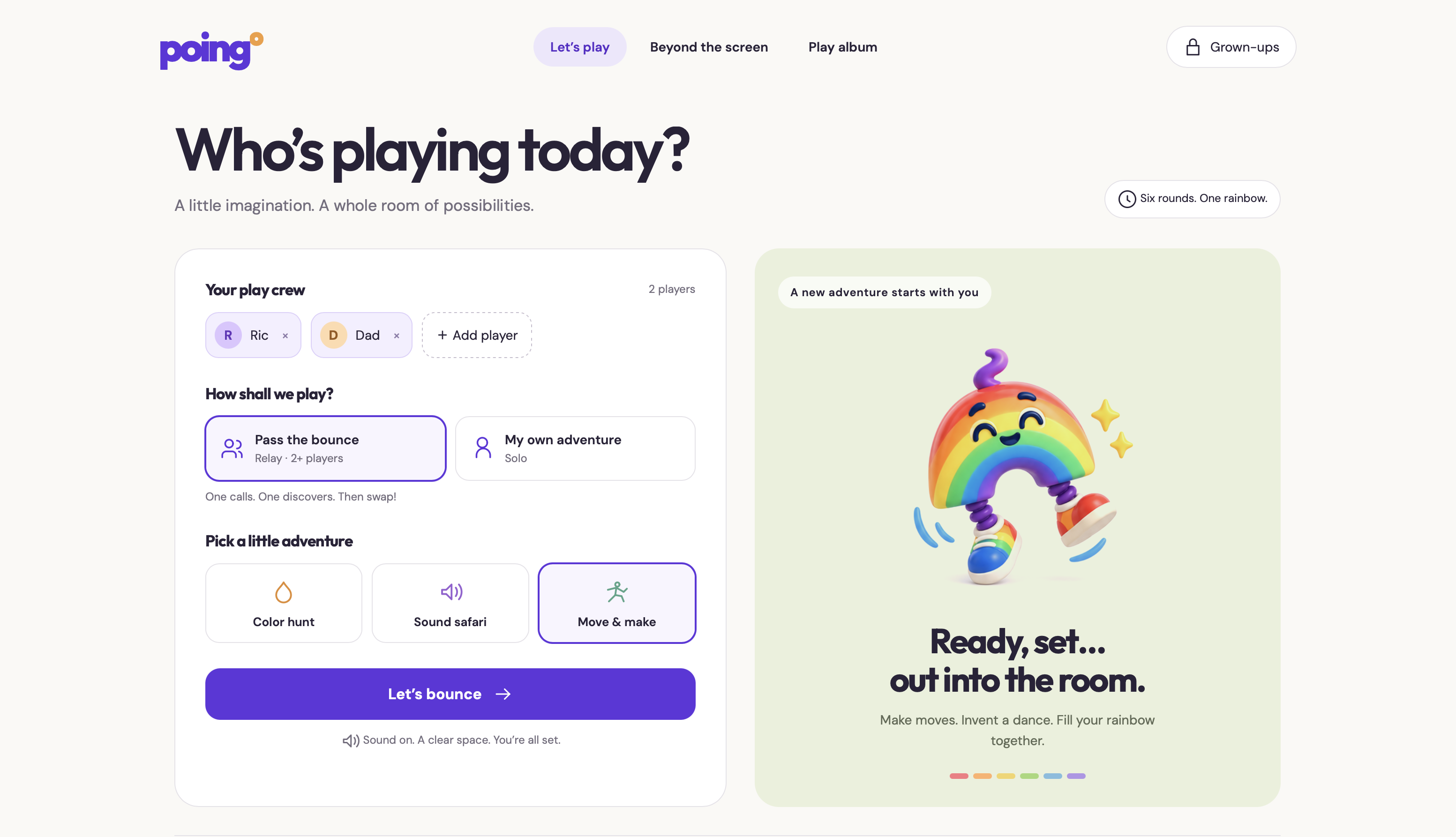 Poing game setup for choosing players, play style, and adventure type.
