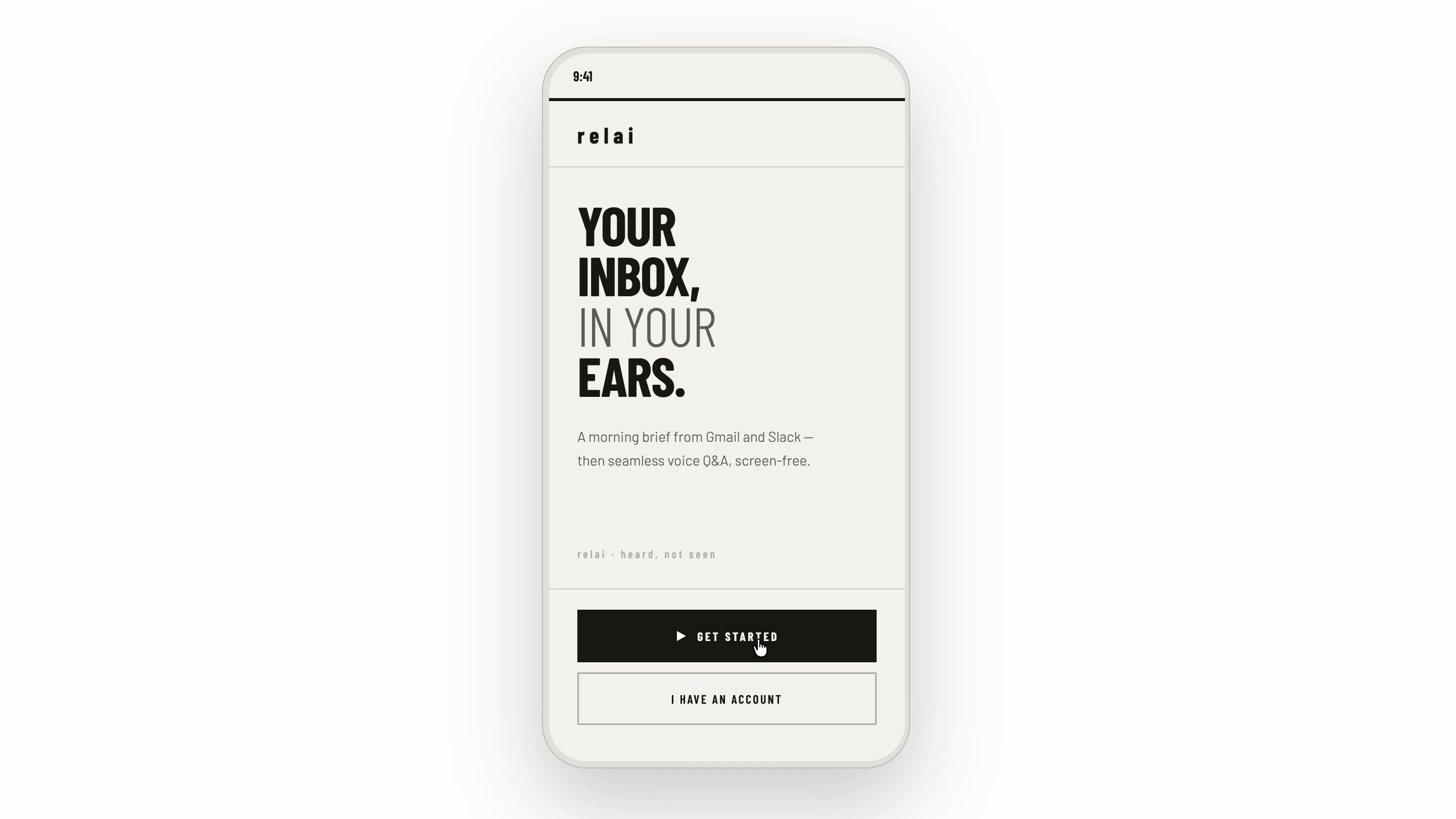Relai mobile interface demonstrating a voice-first morning brief from Gmail and Slack.